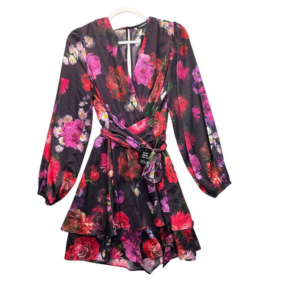 EXPRESS Floral V Neck Long Sleeve Tie-Belt Romper Party Dress Sz.L New NWT - Picture 2 of 11